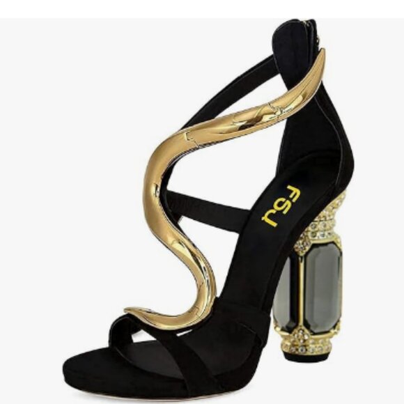 FSJ Gold S Open Toe Stylish Sandals Ankle Strap Crystal Heels Wedding Party Shoe - Picture 1 of 8